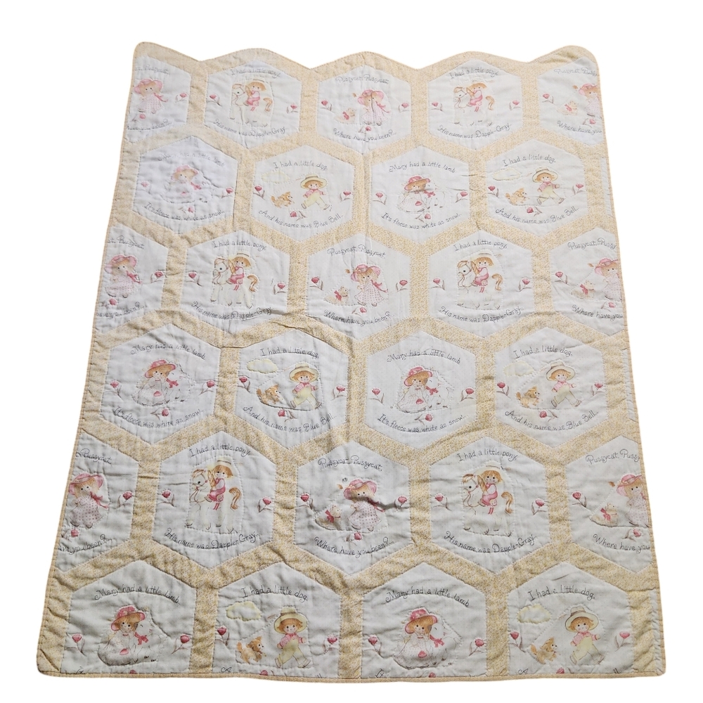 Vintage Baby Nursery Blanket Decor Quilt Nursery Rhyme Mary Lamb White Yellow